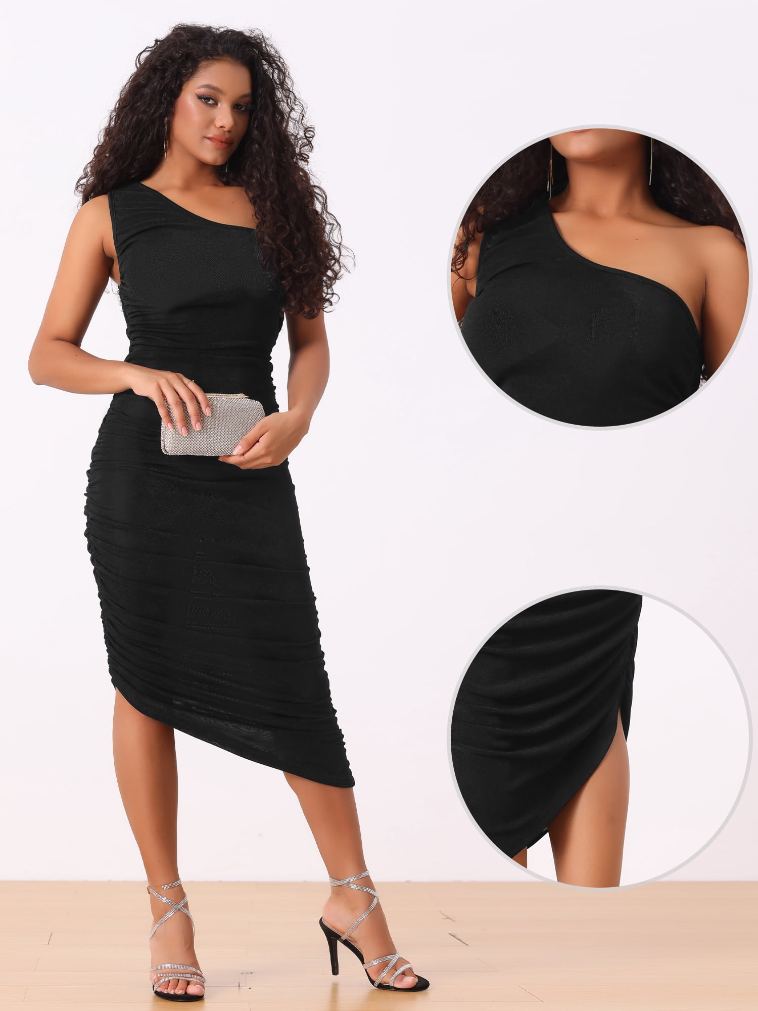 DARING DIVA Women's Ruched Bodycon Sleeveless One Shoulder Long Dresses XS Black