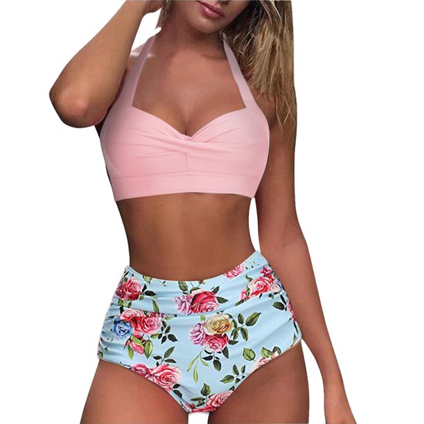 Gibobby Conjunto de Bikini para Mujer Traje de baño Bikini Retro Vintage High Two Print Set Cintura Mujeres Ruched Piece Trajes de baño Tankinis Set(Flores rosas,G)