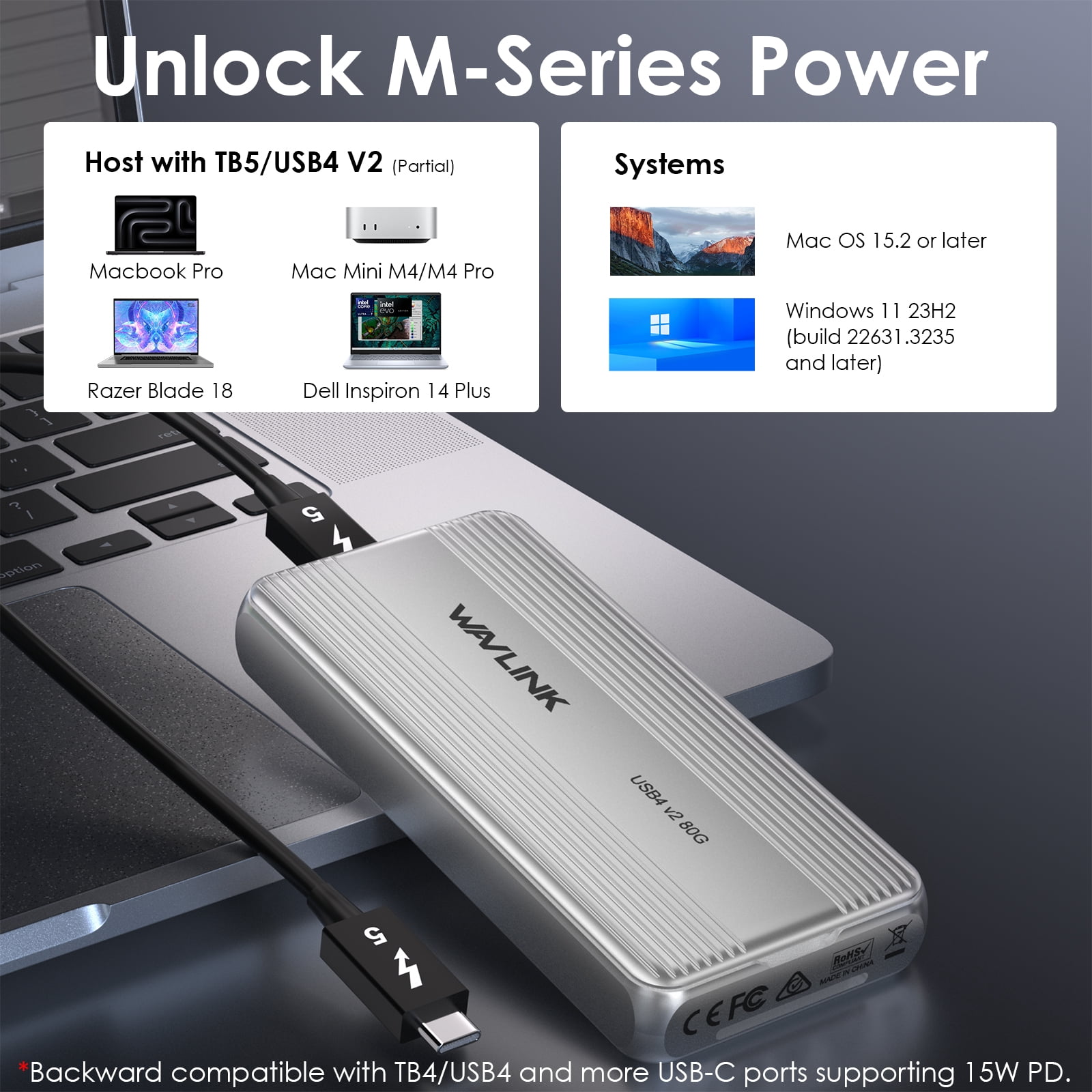 WAVLINK Thunderbolt 5/4 SSD Enclosure 80Gbps for USB4 V2 PCle Gen4 NVMe SSD Case, Support 6000MB/s Read & 5000MB/s Write Speed, Cooling Fan, Compatible with M4/M3/M2 Mac Laptops