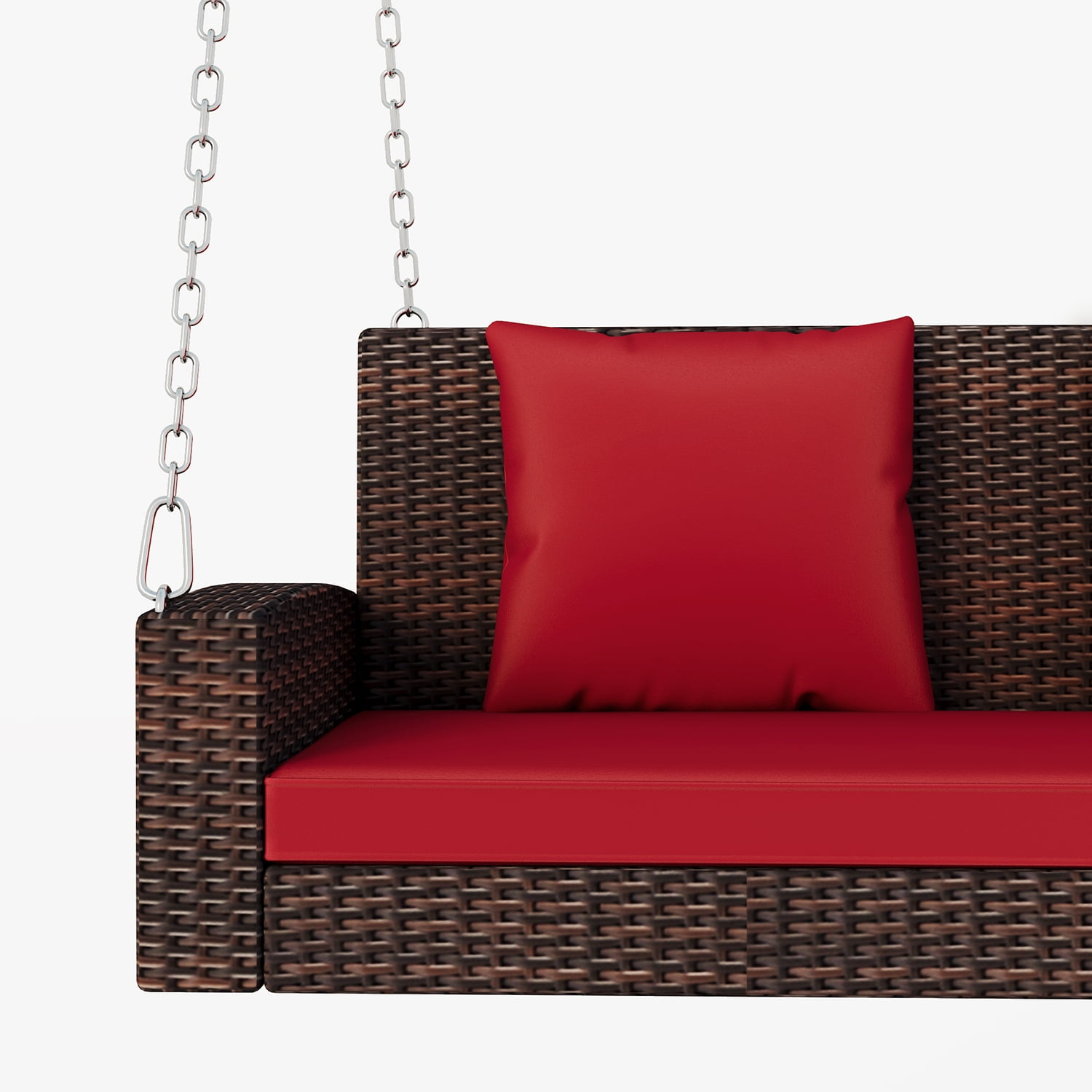 Kadyn 2-Person Wicker Hanging Porch Swing, Rattan Swing Bench with Chains, Cushion and Pillow, Outdoor Swing Chair for Garden, Backyard, Brown-Red Kadyn 2-Person Wicker Hanging Porch Swing, Rattan Swing Bench with Chains, Cushion and Pillow, Outdoor Swing Chair for Garden, Backyard, Brown-Red