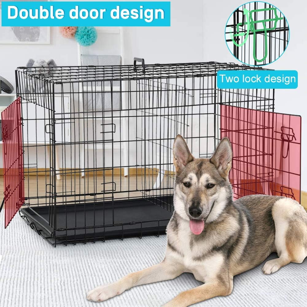 XF XINFENG 42 inch Folding Metal Dog Crate Indoor Outdoor Portable Dog Cage Kennel with Double-Door & Plastic Tray & Divider, Black