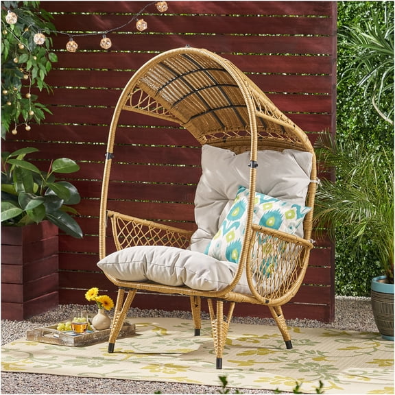 JERFIT Modern Wicker Hanging Egg Chair with Cushion for Patio, Outdoor Standing Basket Chair Boho Style, Brown and Beige