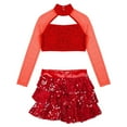 thumbnail image 4 of YONGHS Girls Sequins Jazz Hip Hop Dance Performance Outfits Crop Top with Tiered Skirted Shorts Set Red 8, 4 of 5