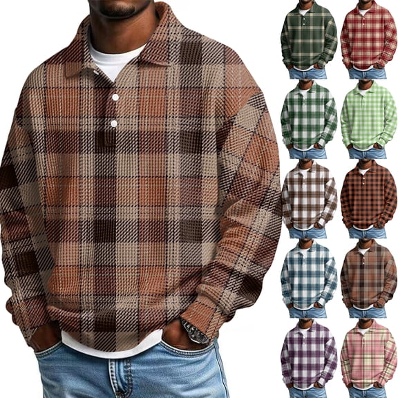 Long Sleeve Mens Shirts Polo for Men Casual Button Down Shirt Golf Pullover V Neck Stand Collar Fashion Fall Sweatshirt Dark Green 5XL