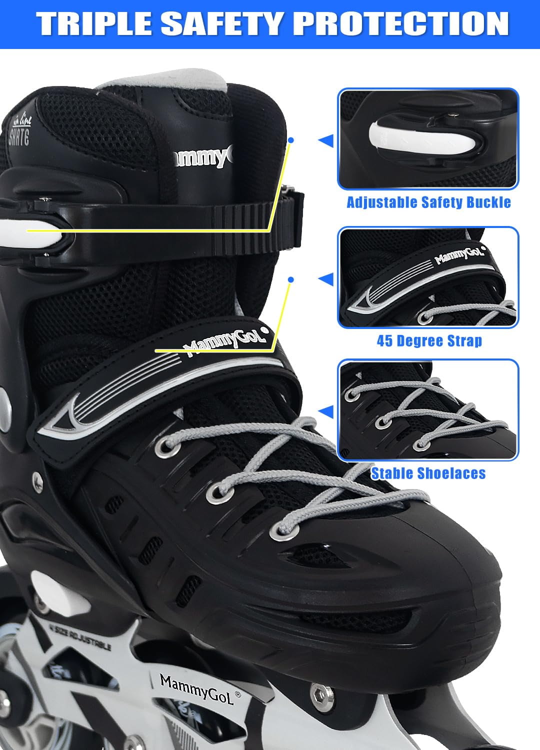 Patins à Roulettes YYW – Homme/femme, Tailles 35 à 44, ABEC-7, Coque Résistante, Frein Latéral, Pour Débutants