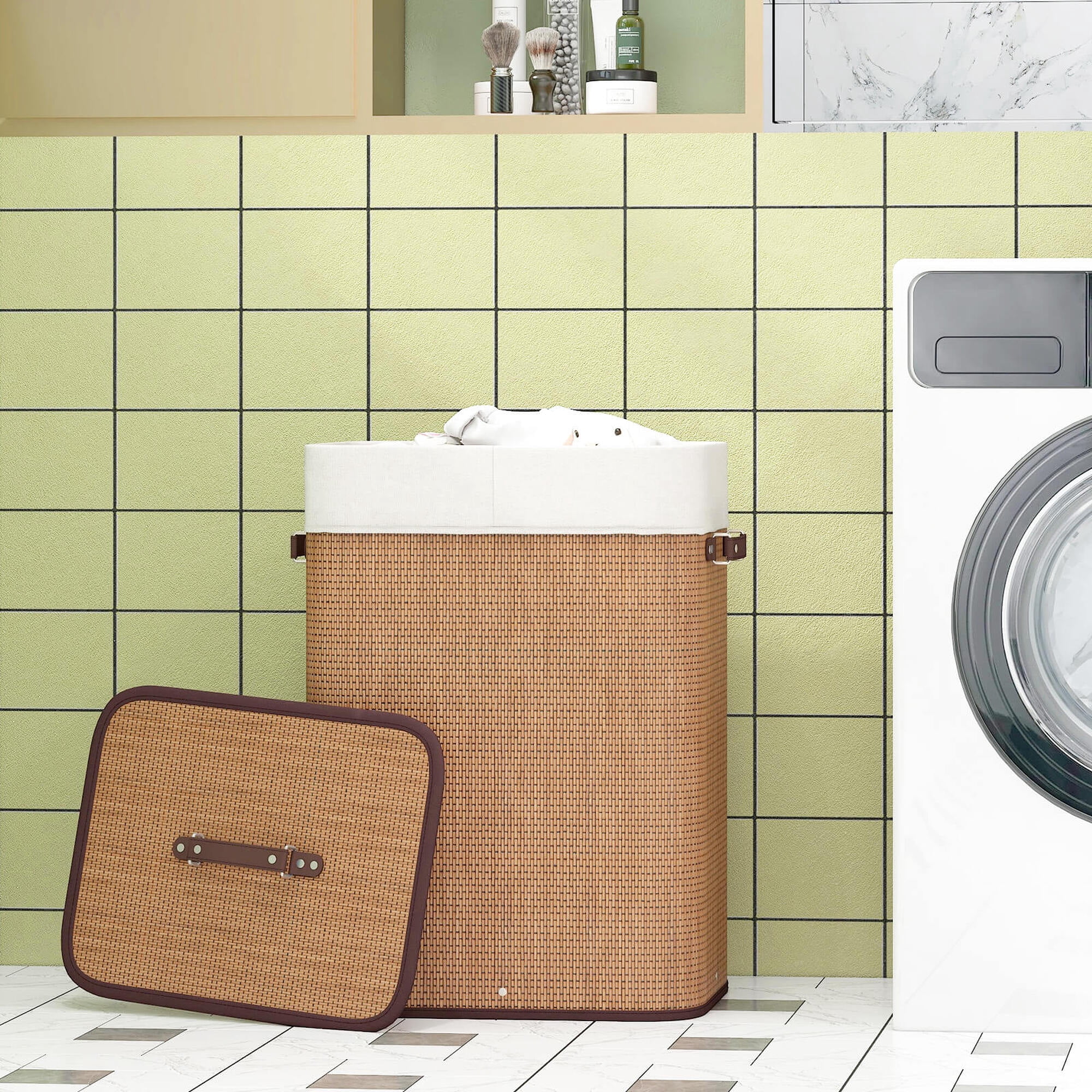 Goplus Rectangle Bamboo Hamper Laundry Basket Washing Cloth Bin Lid Bamboo