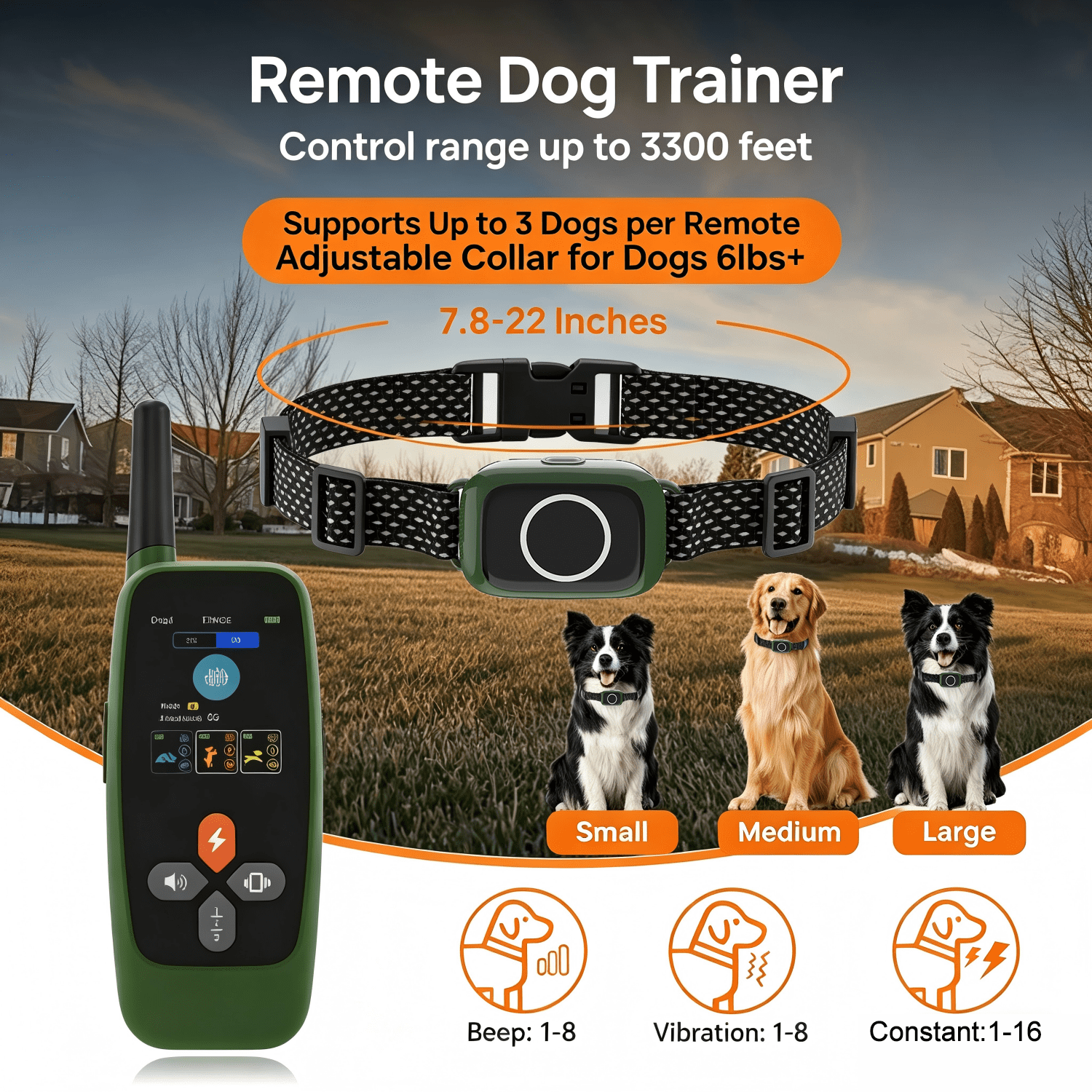 Wireless Dog Fence System，4-in-1 Electric Dog Training Collar with Remote, Bark Control, Status Monitor IPX7 Waterproof Electric Fence for Medium Large Dogs Outdoor Use