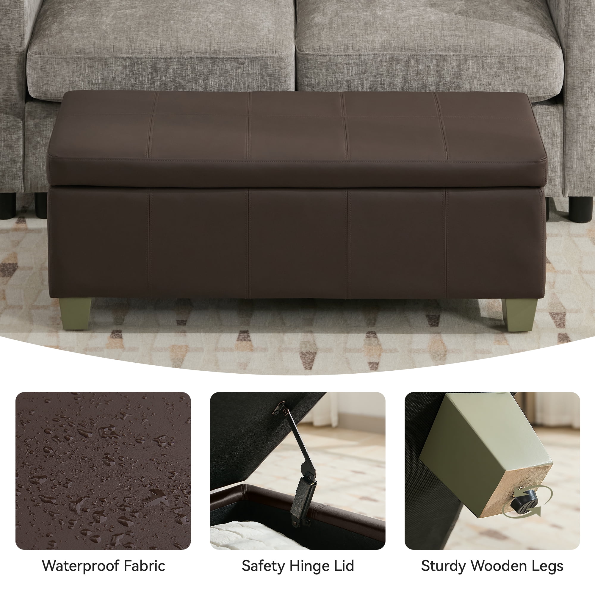 41'' Faux Leather Storage Ottoman Bench, Rectangle Upholstered End of Bed Storage Bench, Stitch Tufted Bedroom Bench with Storage, Entryway Large Storage Ottoman with Wooden Legs, Brown