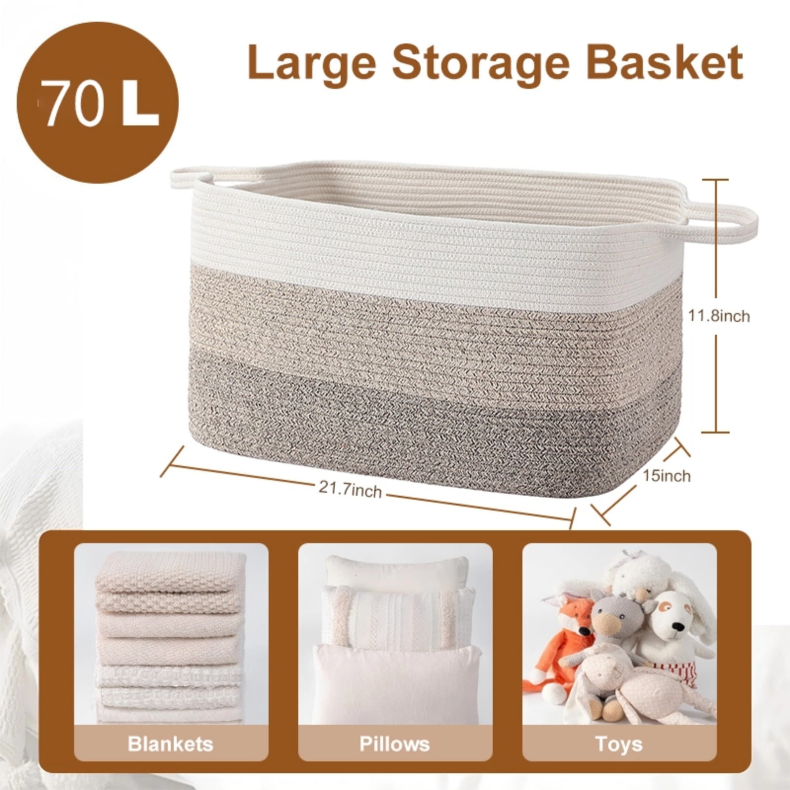 VeluraHome 70L Large Blanket Basket,Rectangle Storage Baskets for Storage,Cotton Rope Woven Storage Basket for Living Room, Nursery, Baby Room
