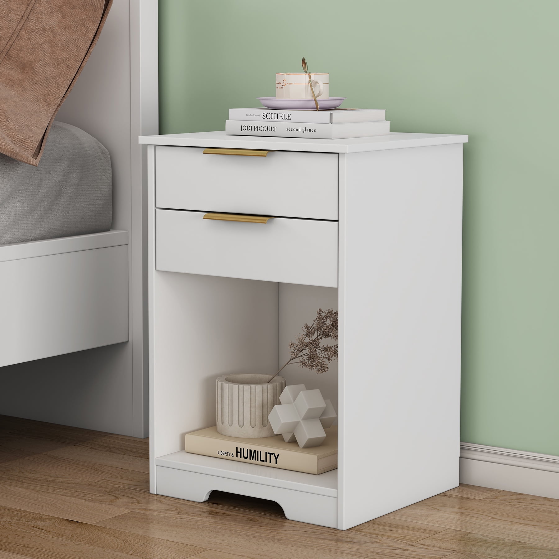 Nighstand With 2 Drawers,End Table,Nightstand with Open Space,Golden Handle,Morden Design,For Living Room,Bedroom,Easy Assemble,White