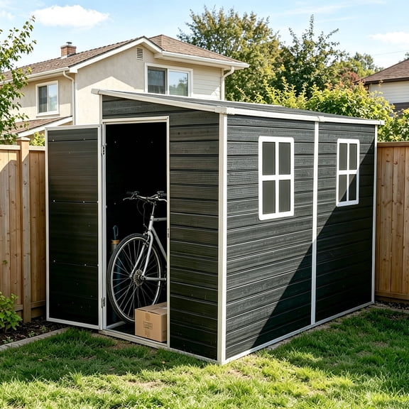 IMagacFun 4x8 Resin Outdoor Storage Shed Waterproof Tool Shed Heavy Duty Plastic Shed with Floor and Window for Garden Patio Backyard Black