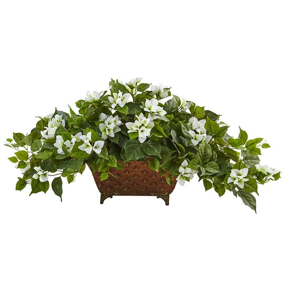 Nearly Natural 17in. Bougainvillea Artificial Plant in Metal Planter, White