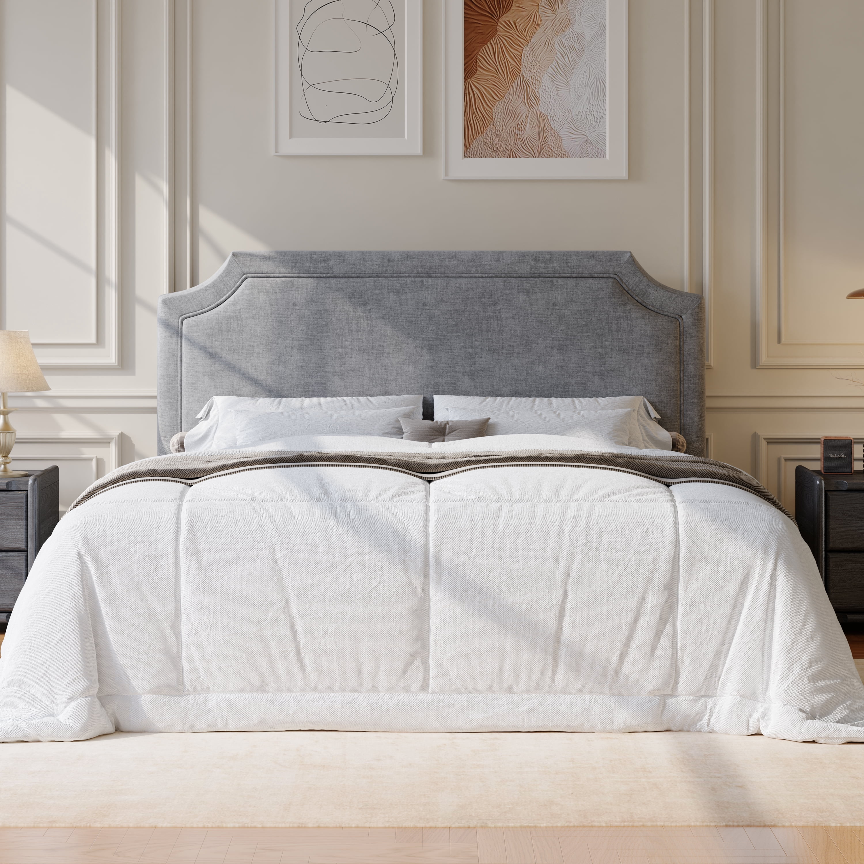 Amolife King Bed Frame, Upholstered Platform Bed with Streamlined Adjustable Headboard, No Box Spring Required, Grey, Chenille Fabric