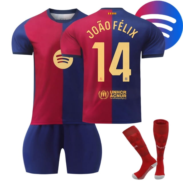 GZSL 2425 Barcelona Home Football Training Kit, Number # 14 Soccer Jersey, Colorful Short-Sleeve Kids Football Jersey with Gold Lettering and Large Logo Three-Piece Set/16