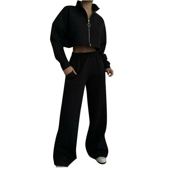 Babysbule Womens Fall Plus Top Sets Outfit Fashion Women Casual Casual Long Sleeve Zipper Long Sleeve Round-Neck Blouses Sets