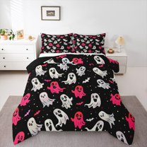 Manfei Teens Horror Ghost Full Size Comforter Sets, Happy Halloween Bedding Comforter Set, Gothic Cartoon Theme Reversible Bedding Sets, Ultra Soft Home Decor, 3pcs