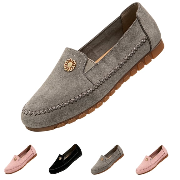 UDAUDU Women's Orthopedic Leather Loafers Slip On Flats 2026 Casual Comfortable Walking Shoes with Barefoot Feel Anti-Slip Rubber Sole, PU Upper Gray 10 Wide