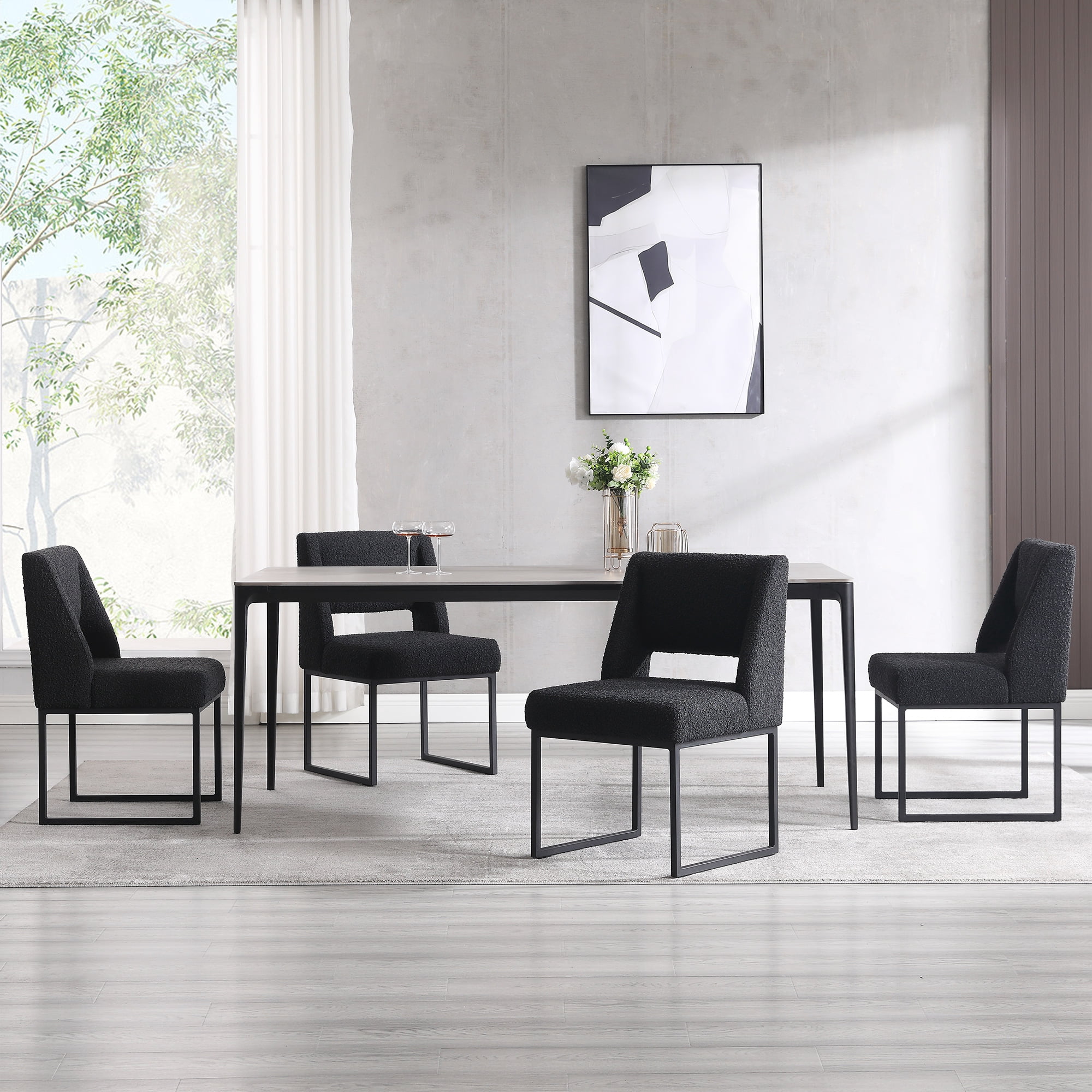 Zesthouse 18.3" Modern Dining Chairs Set of 4, Boucle Fabric Dining Room Chairs with High Back and Metal Legs, Armless Upholstered Side Chair for Dining Room Kitchen, Black