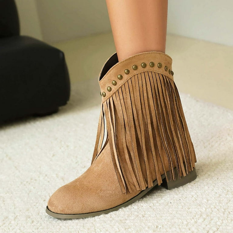 SUNVIT Womens Western Fringe Boots with Golden Studs Soft Flock