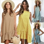 Newest Summer Fashion Women's Round Neck Print Skirt Wave Point Sleeveless Ruffled Dress Casual Loose Women's Clothing