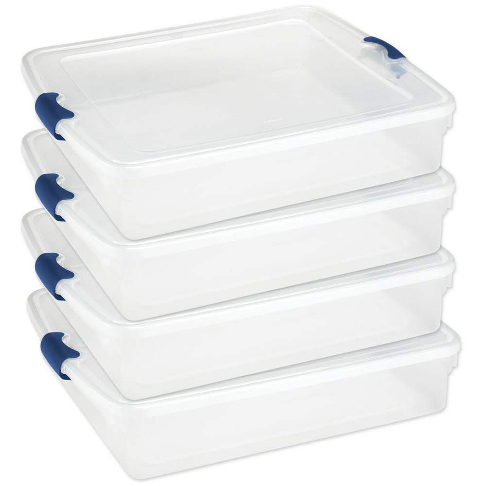 Homz 56 Qt. Plastic Storage Tote with Latches, Clear/Blue, Set of 4