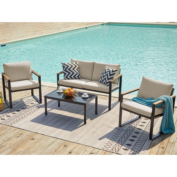 NATURAL EXPRESSIONS 4 Piece Patio Furniture Set, Outdoor Sectional Conversation Set, Tempered-Glass Ttable, Beige