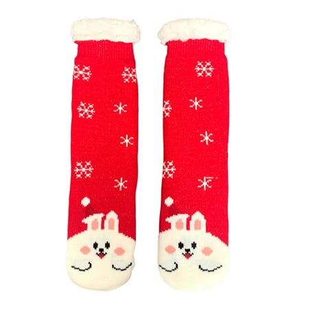 

Zhiyuan 1 Pair Floor Socks Christmas Santa/Reindeer/Rabbit Thickened Sherpa Lining Mid-calf Stretchy Cold Resistant Non-slip Winter Thermal Women Indoor Home Slipper Sleeping Socks for Daily Wear