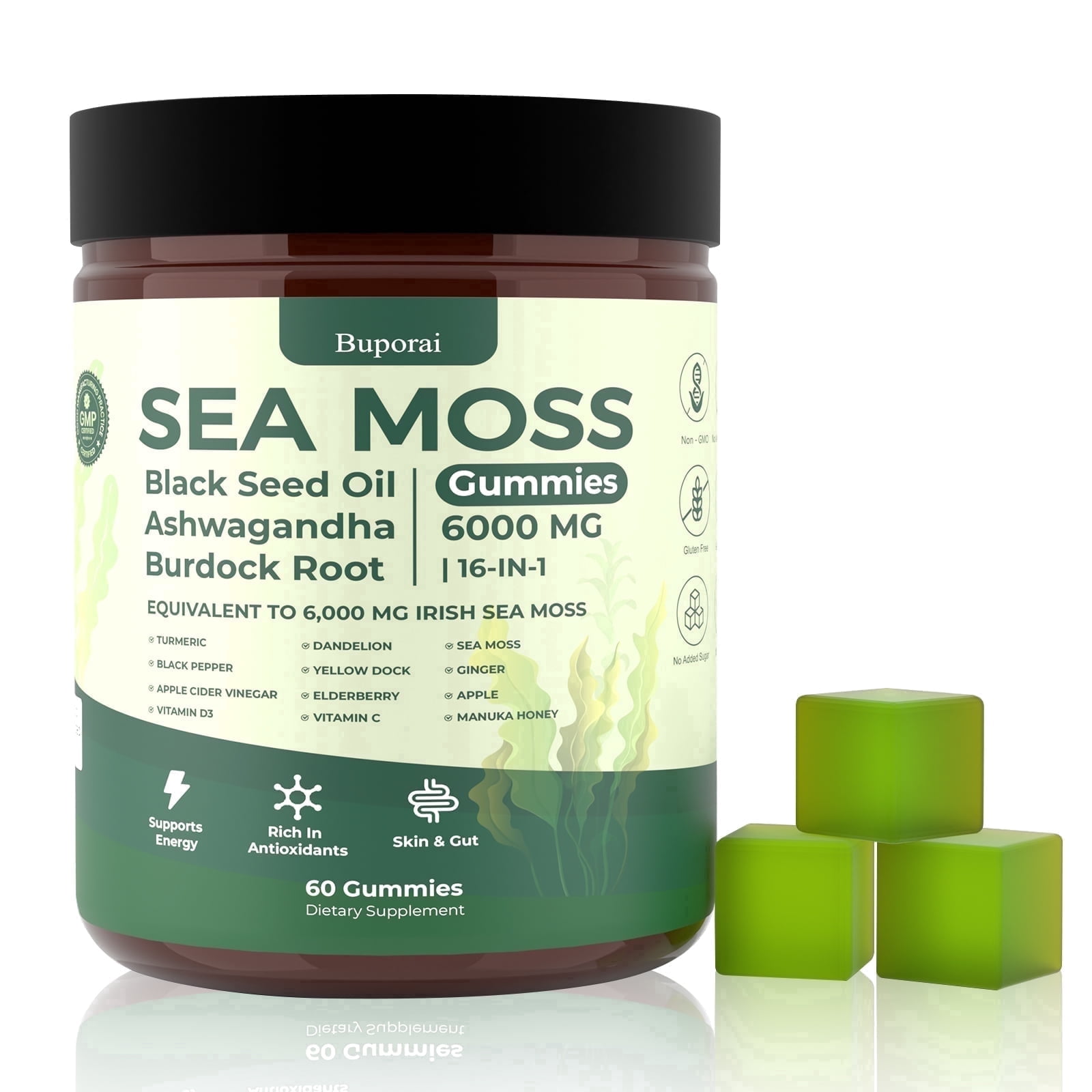 Sea Moss Gummies - 16-in-1 Formula - with Black Seed Oil, Ashwagandha, Bladder Wrack, Apple Cider Vinegar - Immune Health - for Men & Women - 60 Gummies