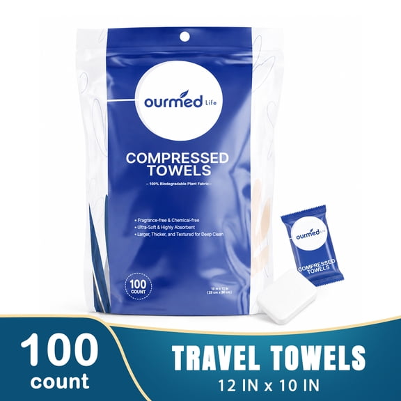Ourmed Life Travel 100Ct Compressed Face Towels Tablets 10"x12" Expandable Dry Facial Wipes 100% Plant-Based Disposable Washcloths Portable Business Camping Coin Tissue Sensitive
