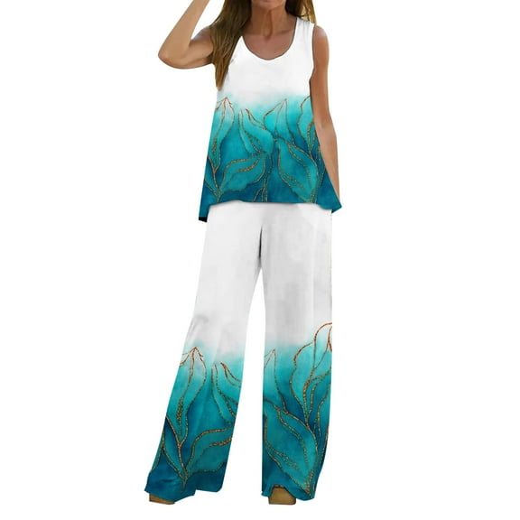 snowsong Lounge Sets For Women Workout Sets Women 2 Piece Outfits Boho Casual Printed Vest Sleeveless Top Loose Wide Leg Pants Trousers Two Piece Set Matching Sets Women Clothing Blue L
