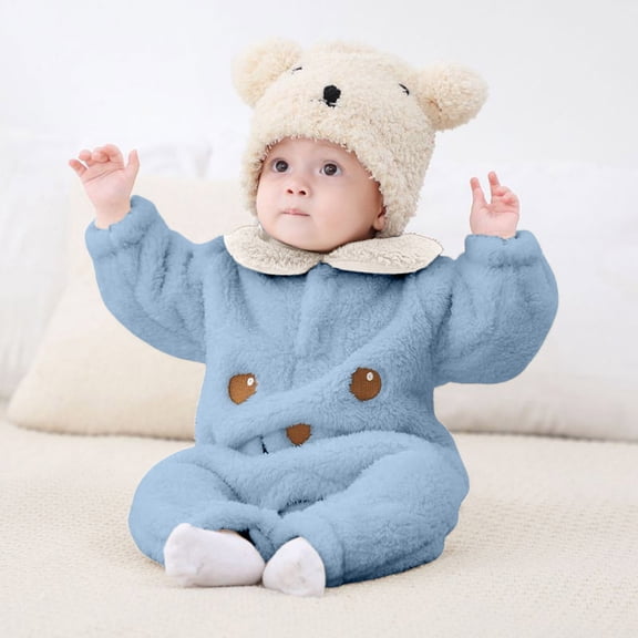 FAOWME Big Kids Girls Boys Romper Fuzzy Long Sleeve Turndown Collar Cartoon Prints Comfortable Warm Bodysuits Jumpsuits For Daily Wear Blue 0-3 Months
