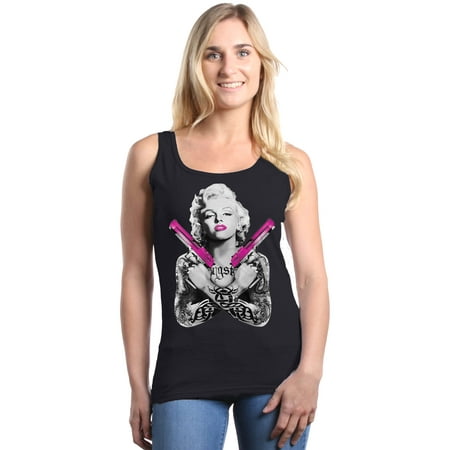 Shop4Ever Women's Tattooed Marilyn Pink Guns Gangster Graphic Tank Top