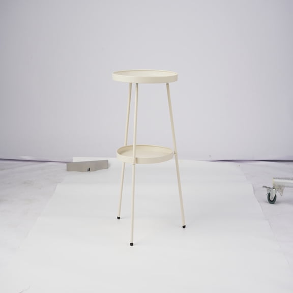 2 Pcs Cream White Round Patio Side Tables, 2 Tier Metal Outdoor End Tables
