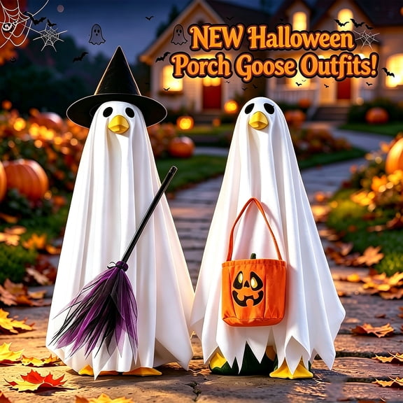 Halloween Porch Goose Outfits - Yard Goose Outfits Ghost Costume with Pumpkin Treat Bucket, Fall Halloween Goose Clothes for 23" Goose Outdoor Patio Yard Lawn Art Decoration Halloween Decorations