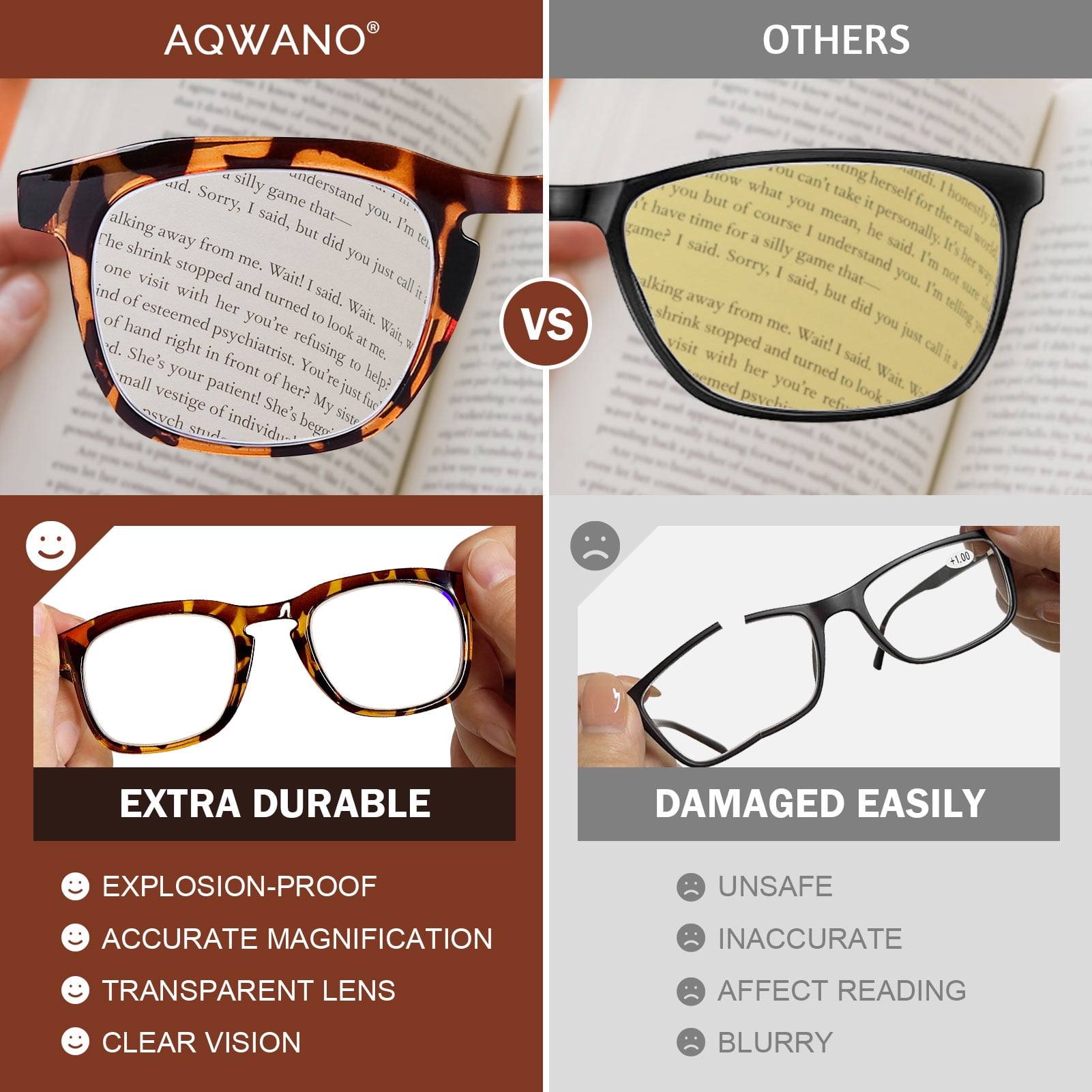 4 Pack Reading Glasses Men Women - Quality Square Readers Computer Blue Light Blocking with Comfort Spring Hinges, 0.0