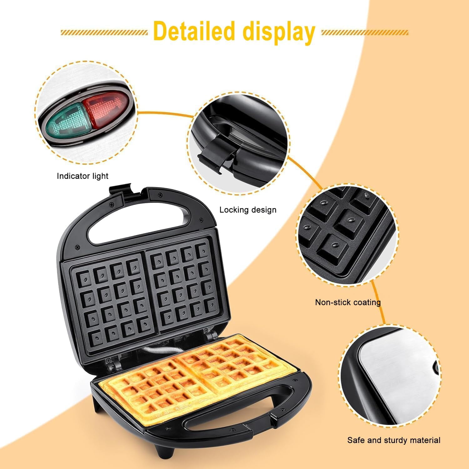 SONGAUN Belgian Waffle Maker, Dual Non-Stick Waffle Iron with Automatic Temperature Control, LED Indicator & Cool-Touch Handle, 750W, Easy to Clean Compact Waffle Machine for Home Breakfast