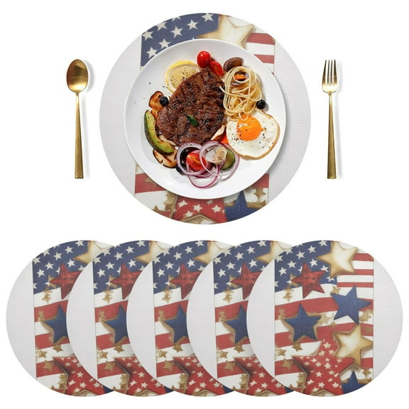 American Flag Stars Black Round Placemats Plate Mats 15 Inch Non-Slip Heat Resistant Washable PVC Set Indoor for Kitchen Dining Table 1PC