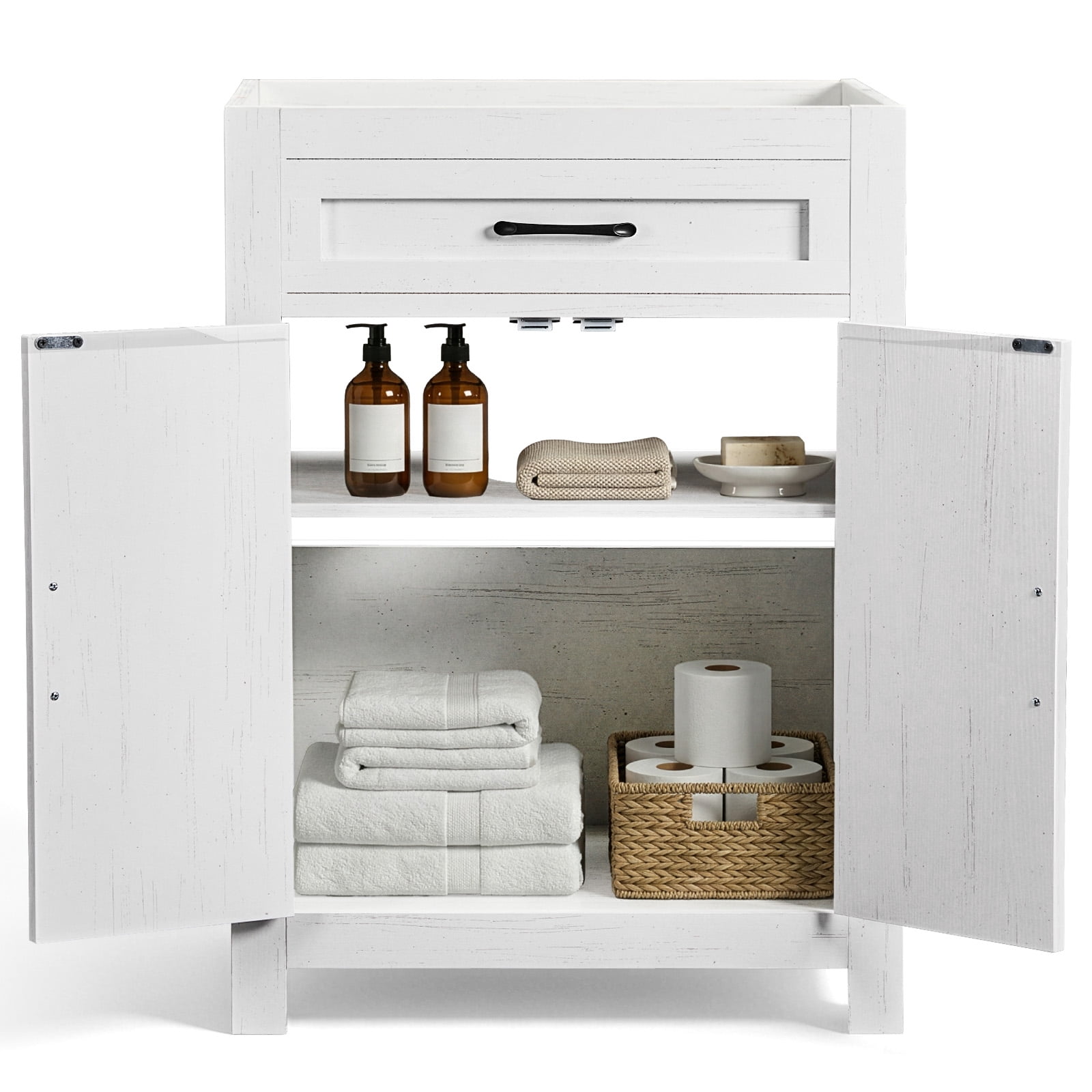 Ktaxon Farmhouse 24'' Bathroom Vanity Cabinet without Sink Ceramic Top, Washed White (Only Cabinet)