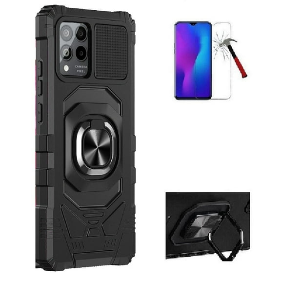 Tommulti Phone Case for T-Mobile Revvl 6 Pro 5G,  Ring Stand Hybrid Case Cover   Tempered Glass (Black)