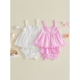 thumbnail image 3 of BemeyourBBs Toddler Baby Girls Summer Clothes Little Baby Girl Summer Outfit Cute Solid Color Strap Sleeveless Eyelets Ruffle Tank Vest Tops with Bloomer Shorts 2Pcs Set, 3 of 9