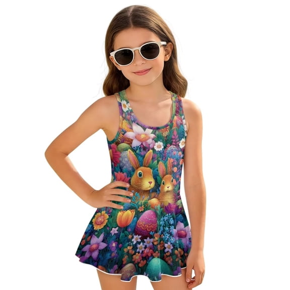 FOR U DESIGNS Girls One Piece Swimsuit with Skirt Sleeveless Summer Swimwear Skirted Bathing Suit Easter Decor for Kids 3-13 Years, Rabbit Easter Egg Flower