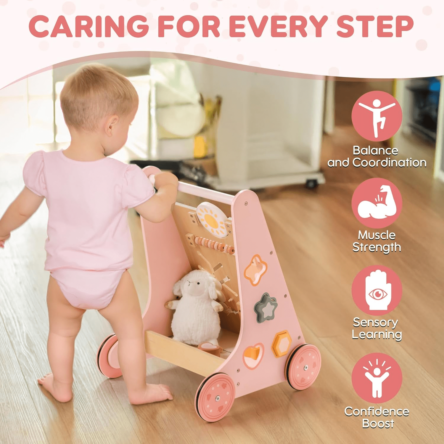 Robud Wooden Baby Walker, with Wheels, Montessori Push Toys for Babies Learning to Walk, Baby Walkers Activity Center for Boys and Girls,Pink