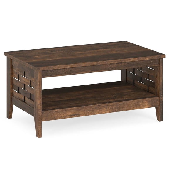 Resenkos 2-Tier Farmhouse Coffee Table with Open Shelf and Woven Accents, Rustic Brown