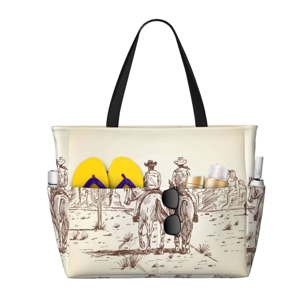 Disketp Two Cowboys Riding Horses In The Desert Bolsa de Playa de Gran Capacidad, Bolso Impermeable y a Prueba de Arena para Mujer, Ideal para Playa, Piscina y Natación