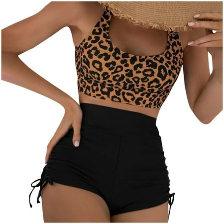 TMOYZQ High Waisted Bikini Sets for Women Strappy Back Bikini Crop Top with Drawstring Shorts Two Piece Swimsuits Tummy Control Bathing Suits Cheeky Swimwear