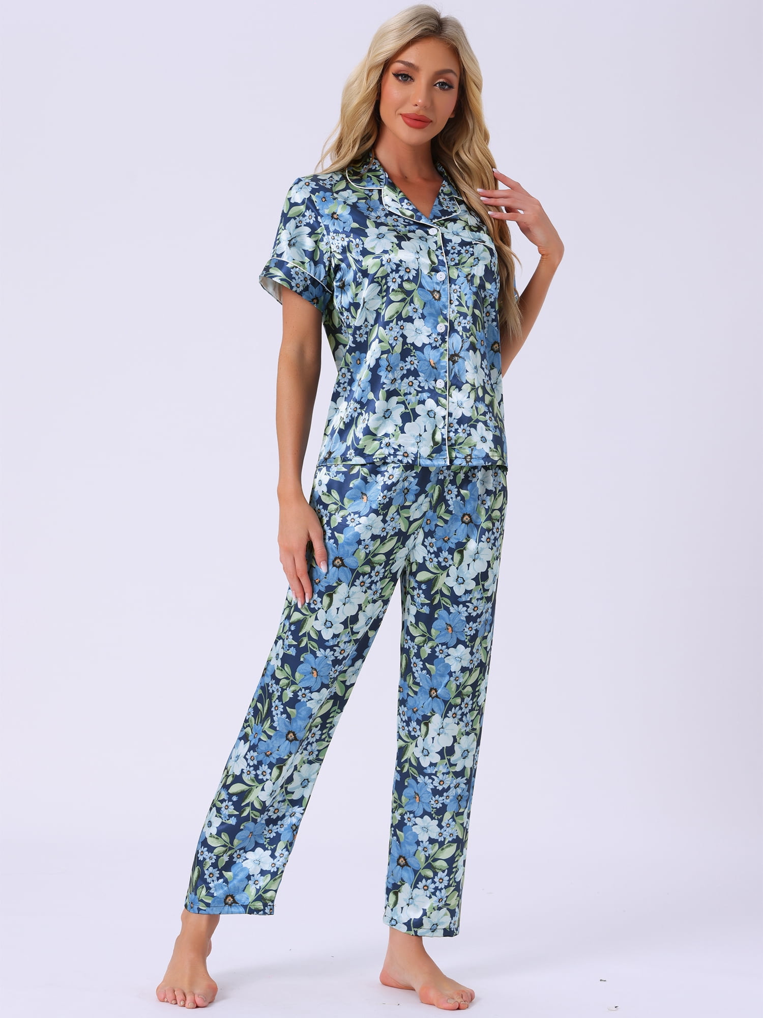 DARING DIVA Women's Silk Short Sleeves Floral Satin Pajama Sets XS Blue Flowers