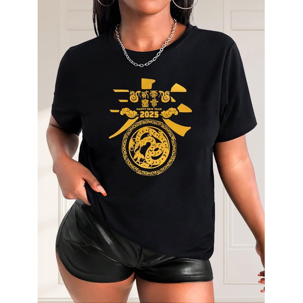 Ladies Creative Chinese New Year Element Graphic Print T-Shirt, Polyester Blend, Casual Crew Neck Short Sleeve Tee, with Medium Stretch, for Spring/Summer/Fall