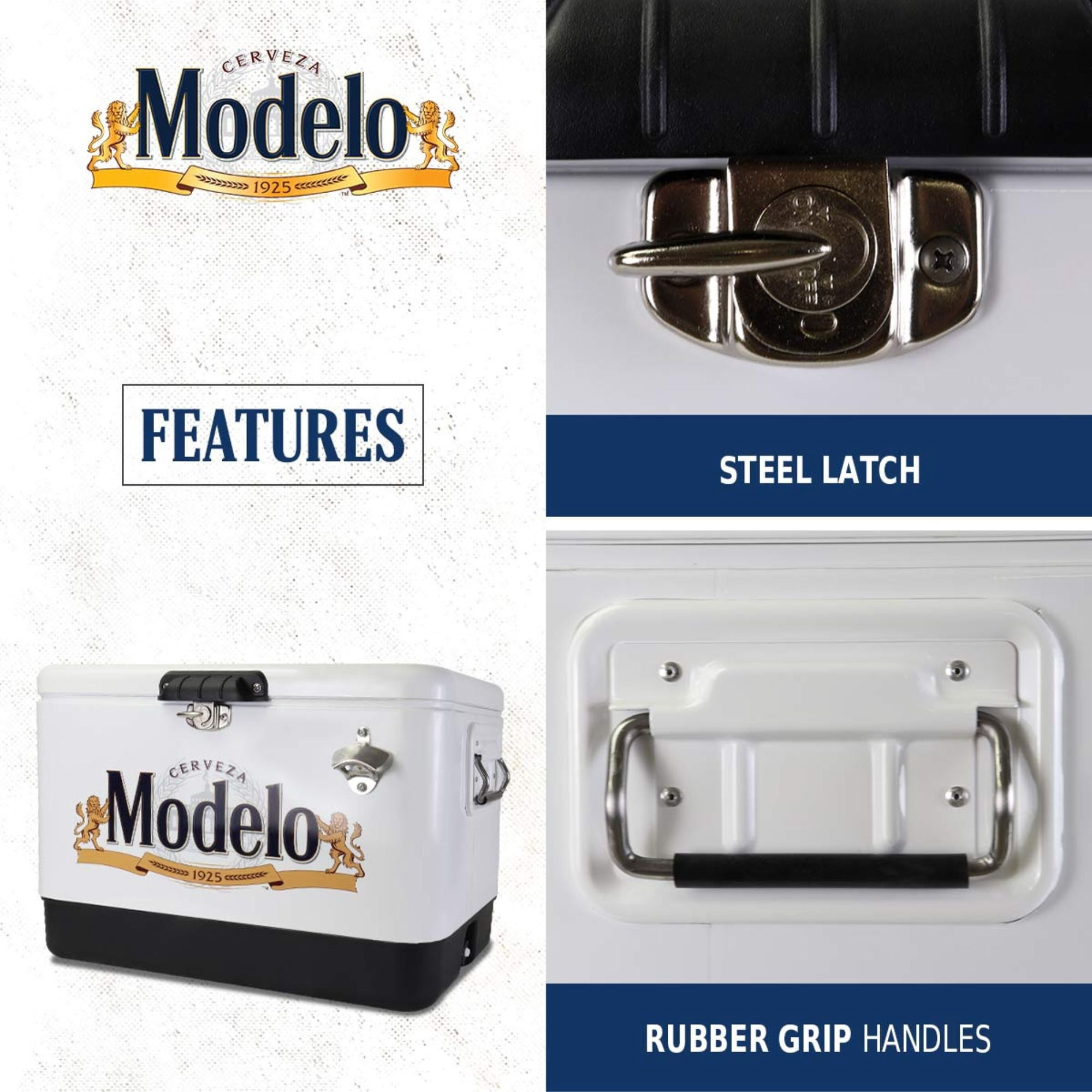 Modelo Ice Chest Beverage Cooler with Bottle Opener, 51L (54 qt), 85 Can Steel-Belted Portable Cooler, White and Black, for Camping, Beach, RV, BBQs, Tailgating, Fishing