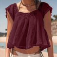 thumbnail image 4 of Blusa de Encaje Transparente Estilo Bohemio con Volantes y Lazo Frontal para Mujer, Estilo Babydoll Bordado Y2K, con Botones y Mangas . Púrpura M, 4 of 8