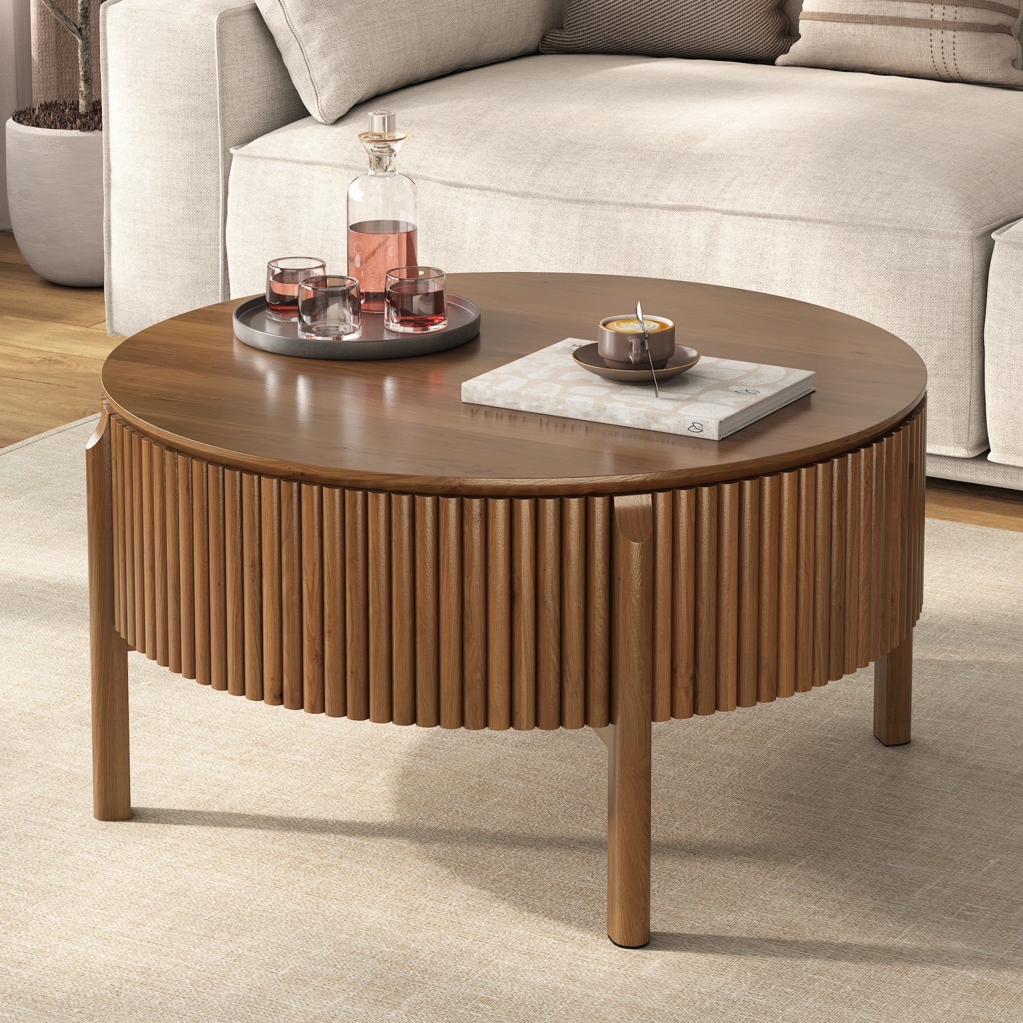 30.3-Inch Round Lift-Top Coffee Table with Hidden Storage and Fluted Base, Modern Farmhouse Center Table and Cocktail Table for Living Room, Walnut